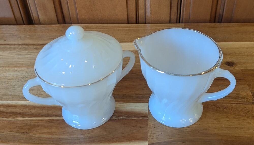 Vintage Fire King White Milk Glass Sugar Bowl with Lid & Creamer Set Gold Trim
